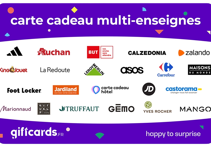 Carte cadeau multi-enseignes : Adidas, Auchan, BUT, Calzedonia, Zalando, King Jouet, La Redoute, Leroy Merlin, ASOS, Carrefour, Maisons du Monde, Foot Locker, Jardiland, JD, Castorama, Marionnaud, Truffaut, Gémo, Yves Rocher, Mango et plus